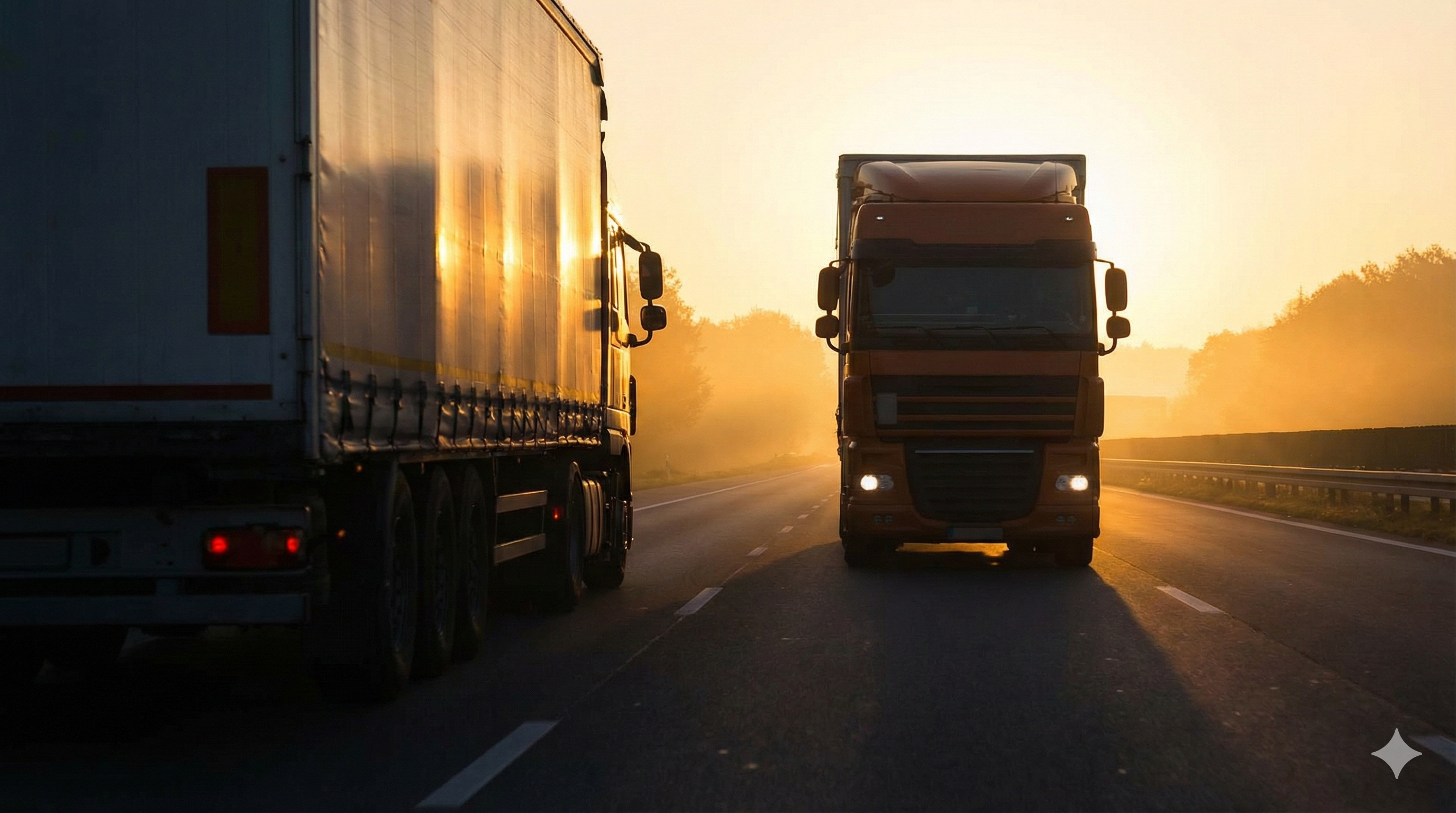 Semi-trucks driving on a highway during a golden sunset, illustrating the theme for Commercial Truck Insurance Quotes.
